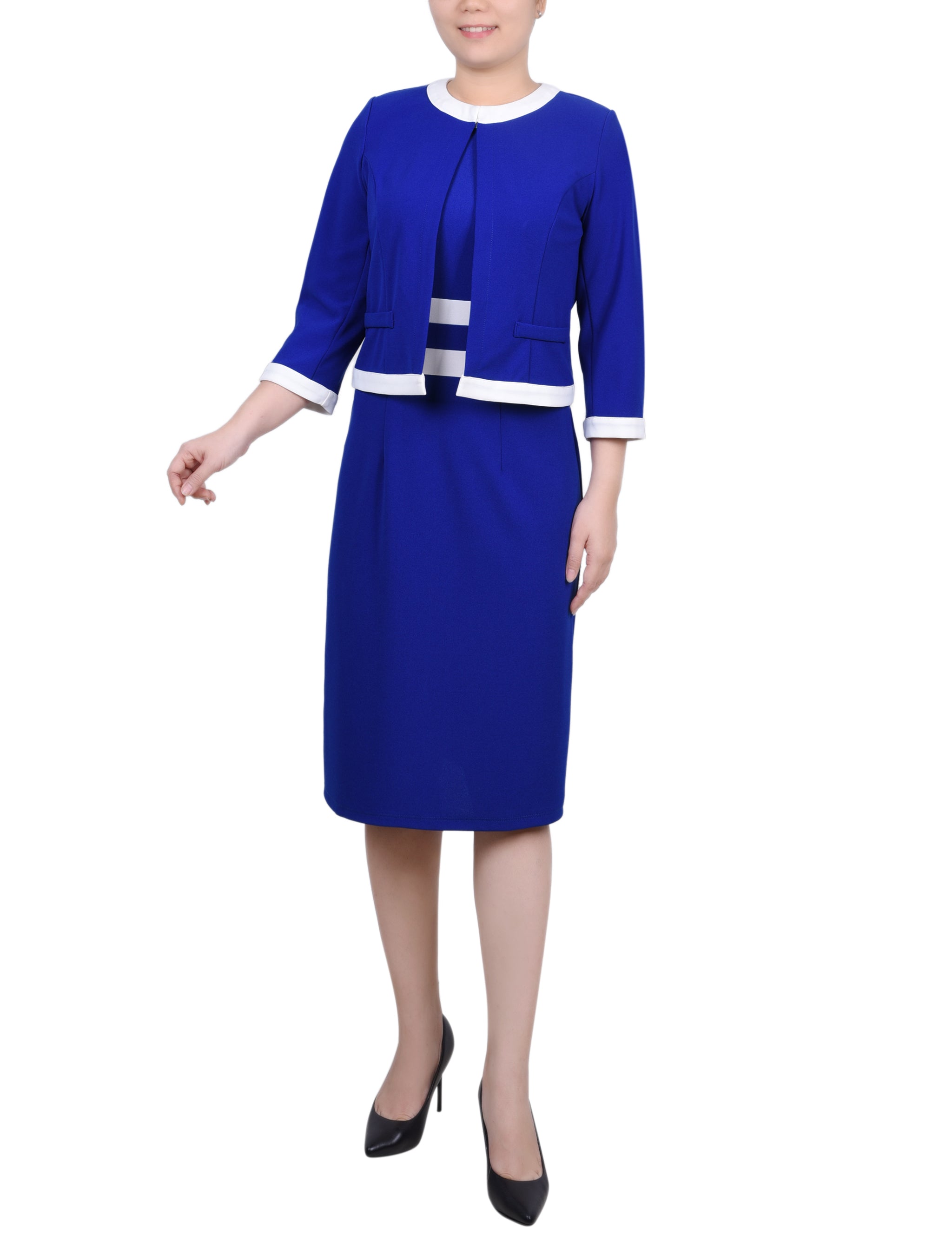 Elbow Sleeve Colorblocked 2 Piece Dress Set, Sapphire White