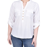 Long Tab-Sleeve Blouse with Pockets, Ivory