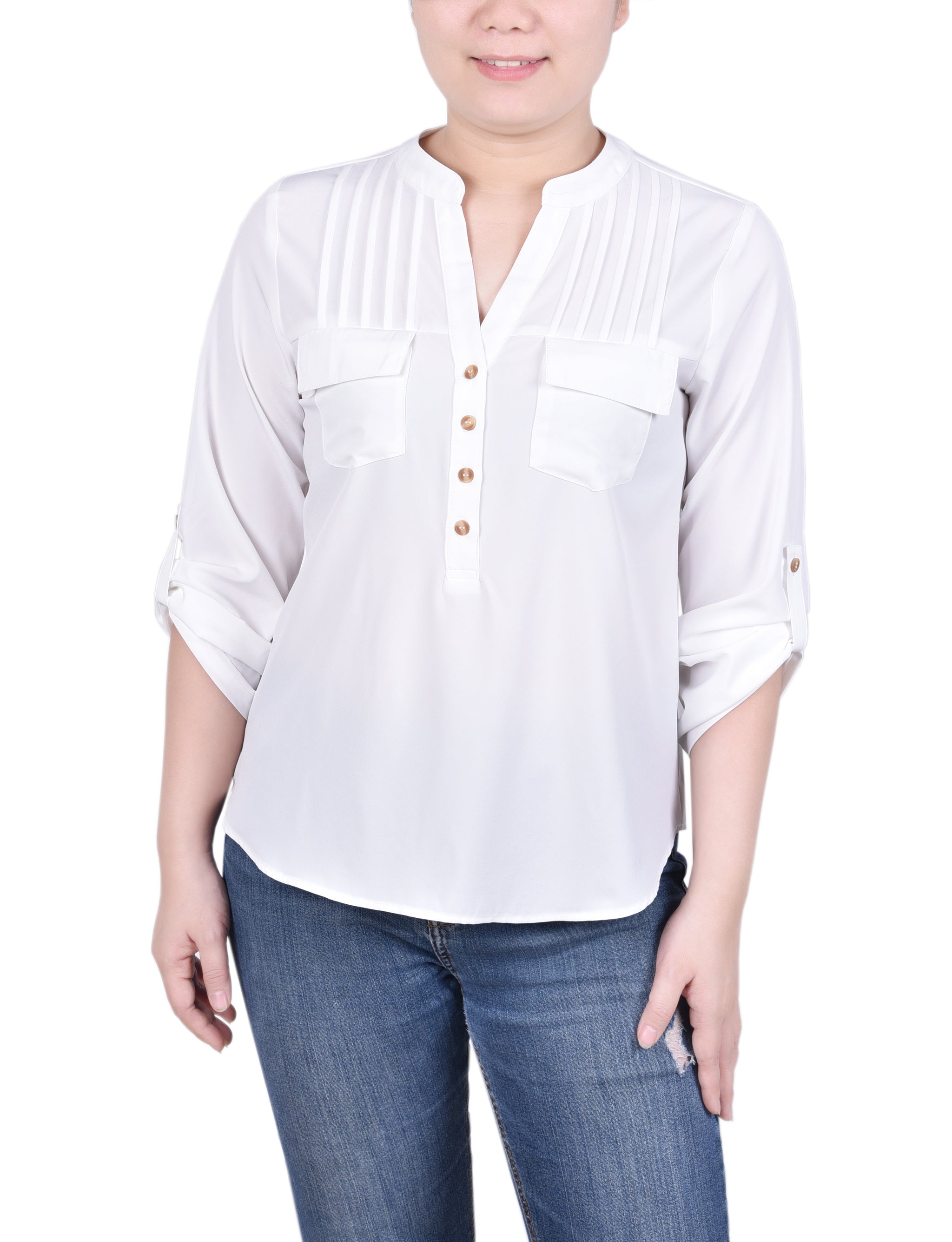 Long Tab-Sleeve Blouse with Pockets, Ivory