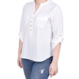 Long Tab-Sleeve Blouse with Pockets, Ivory