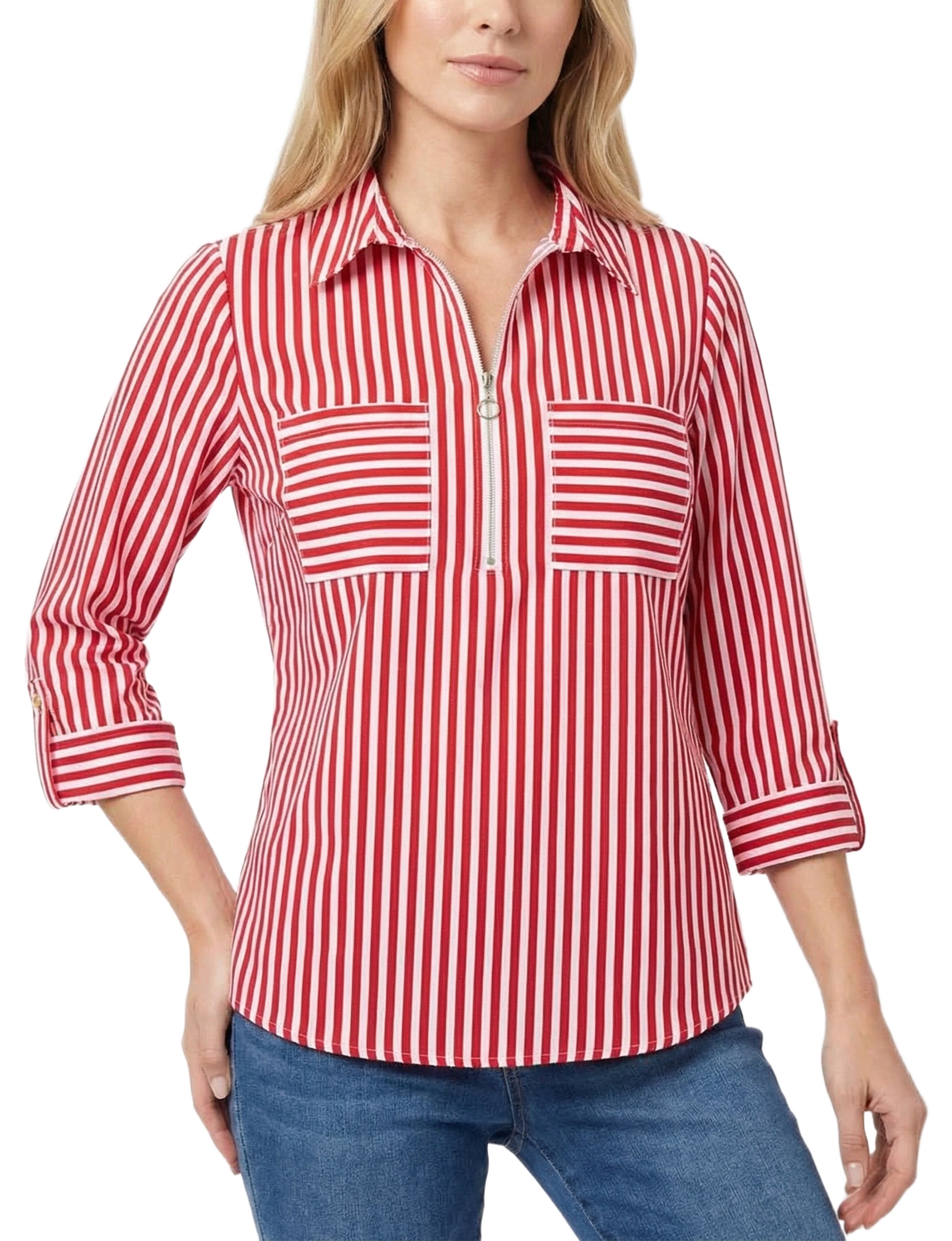 Half Zip Blouse With Pockets