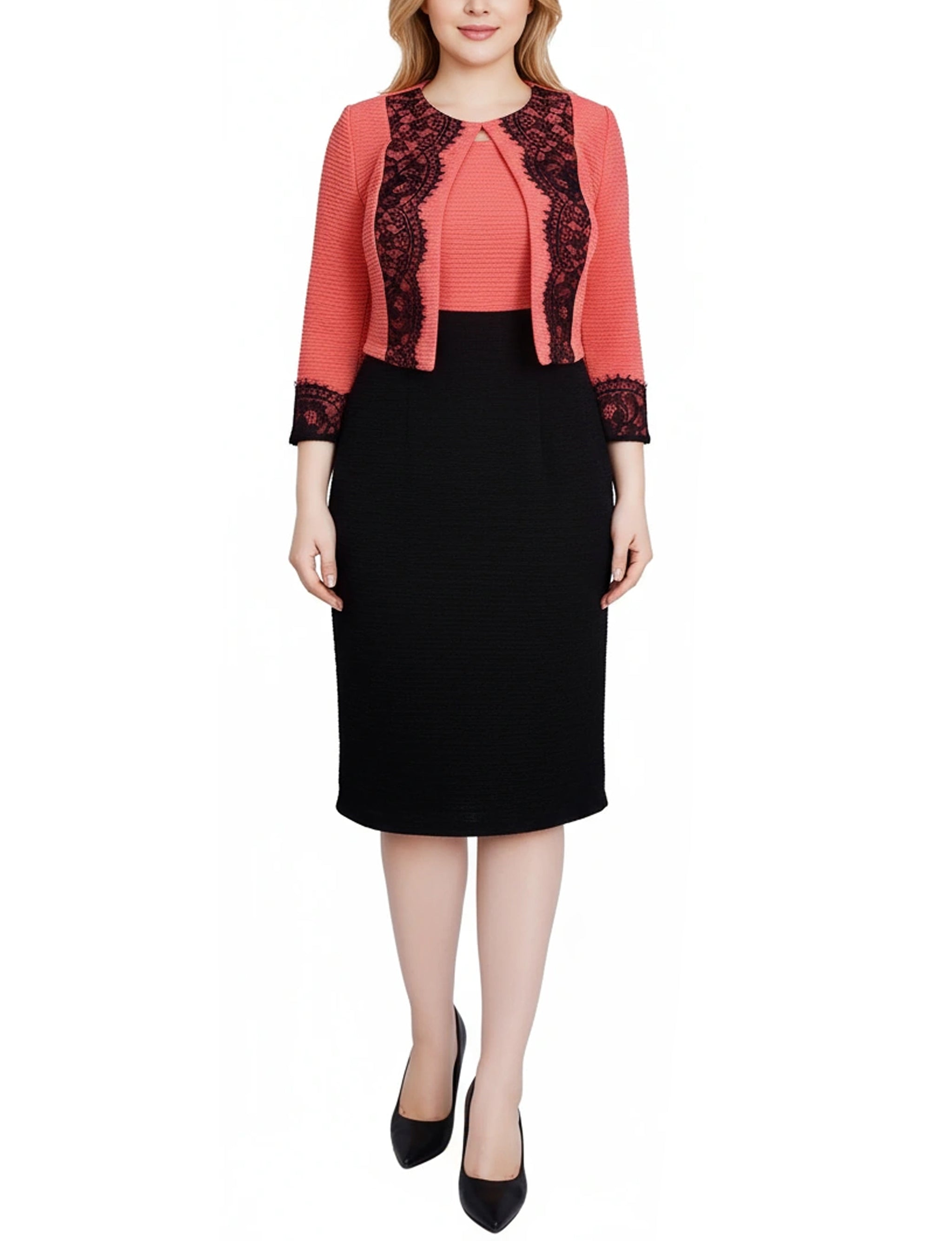 NY Collection Lace-Detail 2 Piece Textured Knit Dress Set