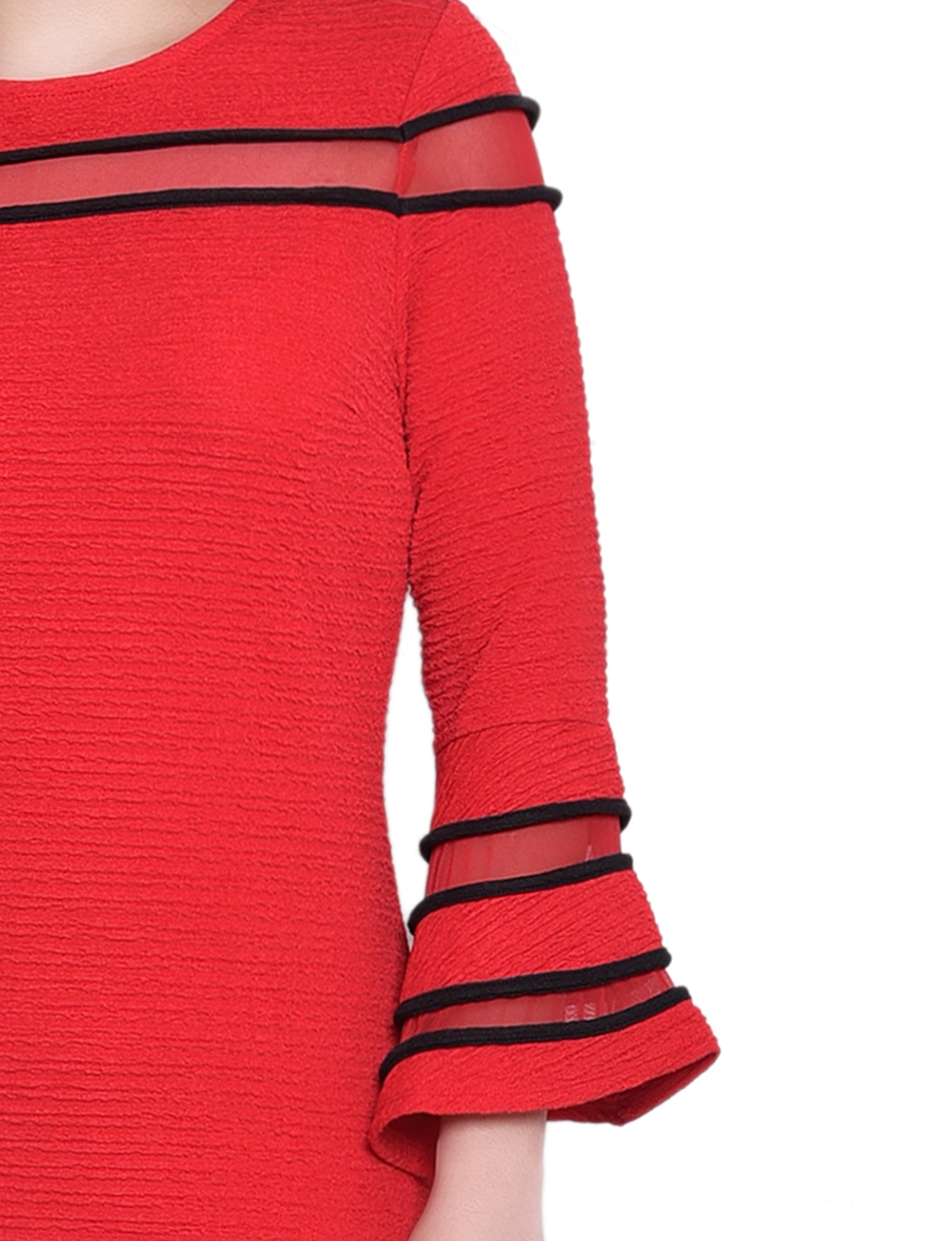 Long Bell Sleeve Dress with Contrast Striping Fire Red Black / 12 Long Bell Sleeve Dress with Contrast Striping Fire Red Black / 12