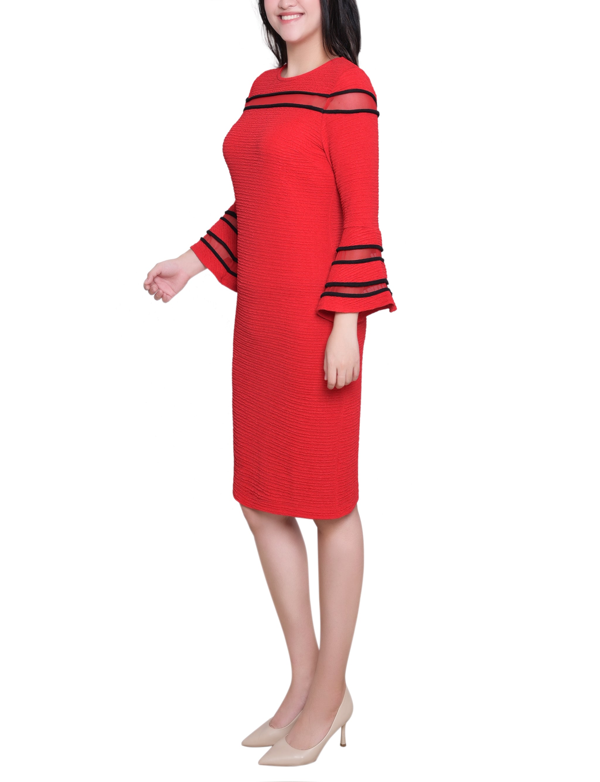 Long Bell Sleeve Dress with Contrast Striping Fire Red Black / 12 Long Bell Sleeve Dress with Contrast Striping Fire Red Black / 12