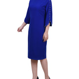 NY Collection Petite 3/4 Pearl-Detail Petal Sleeve Dress