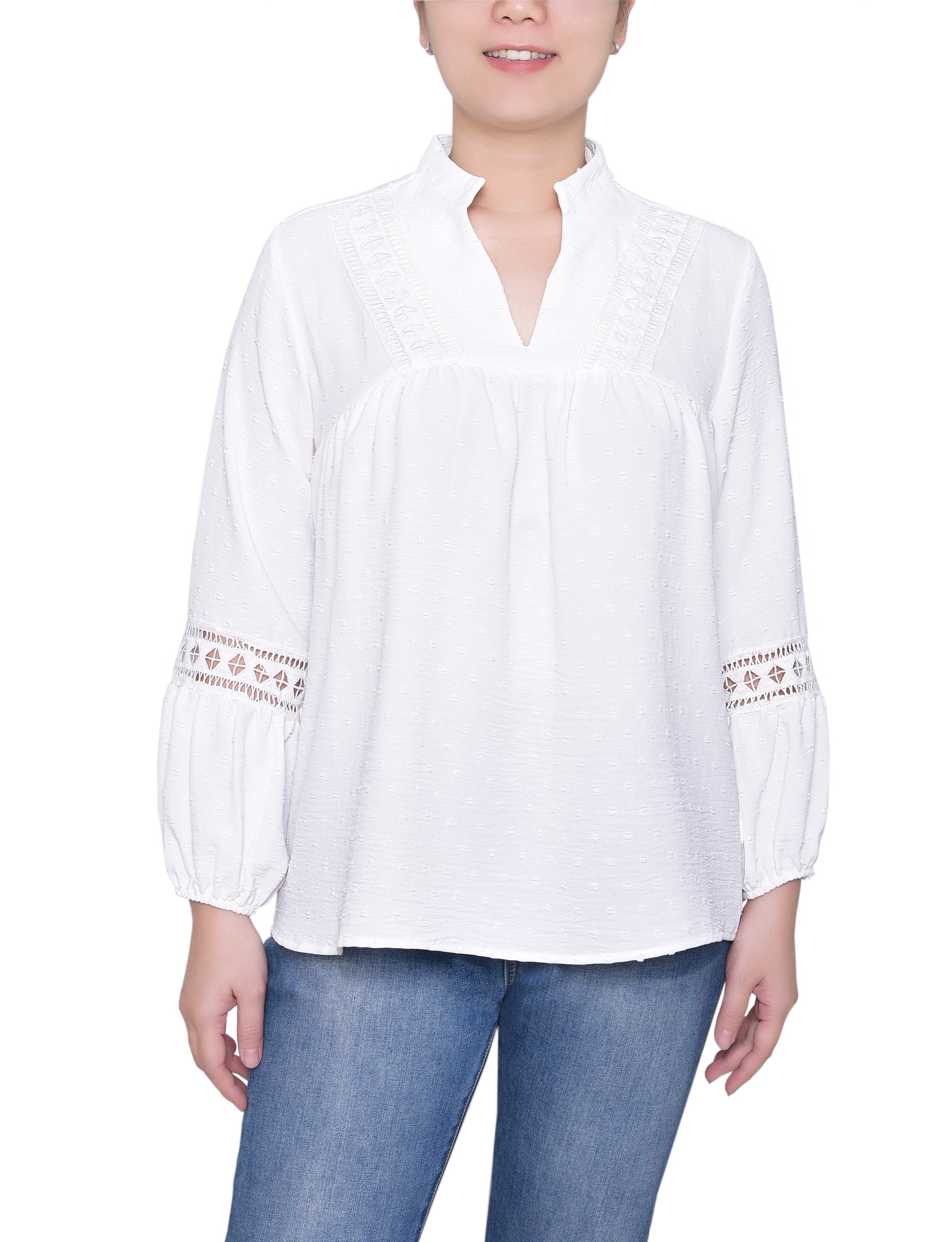 NY Collection Petite Long Sleeve Blouse With Crochet Trim