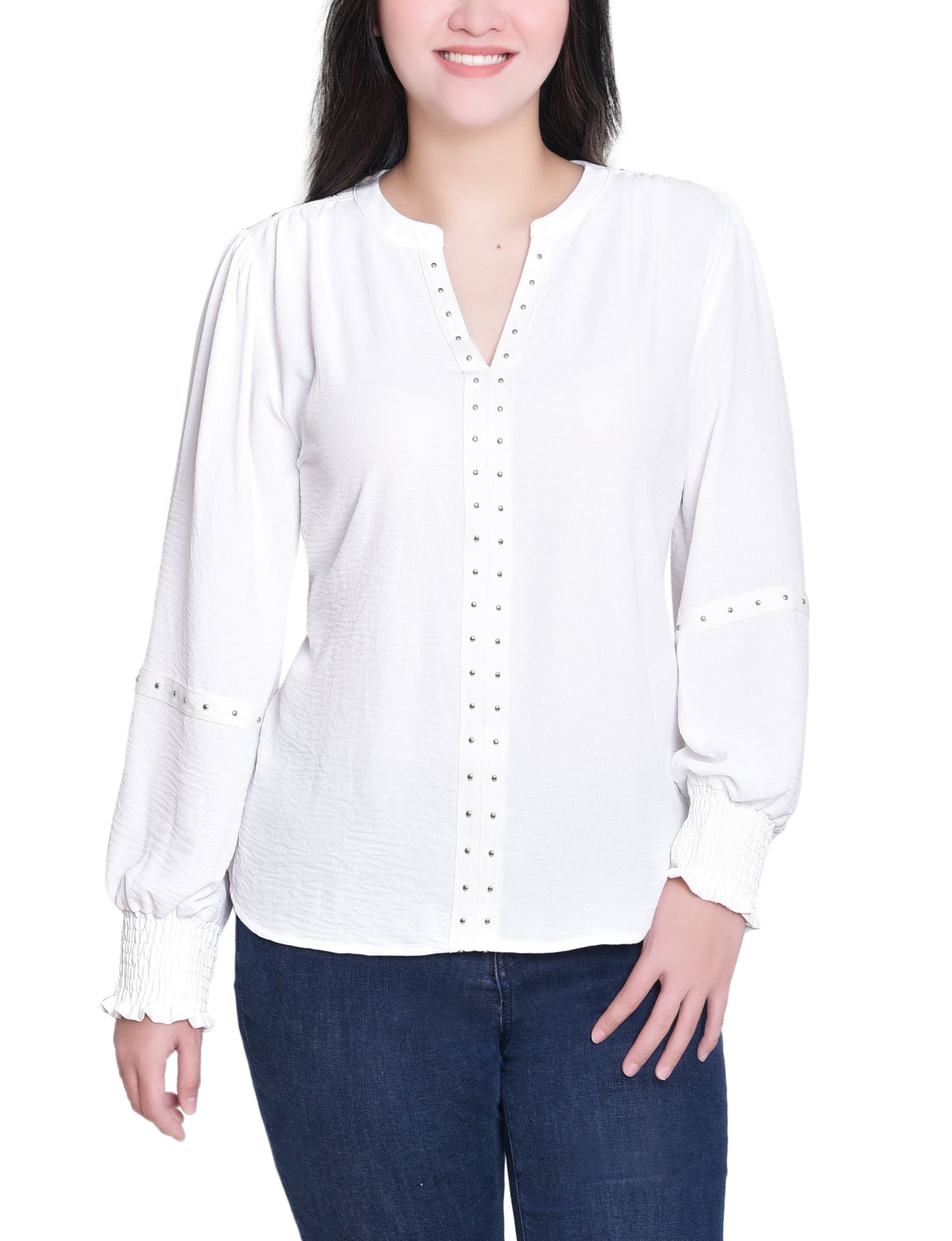 NY Collection Petite Long Sleeve Studded Blouse