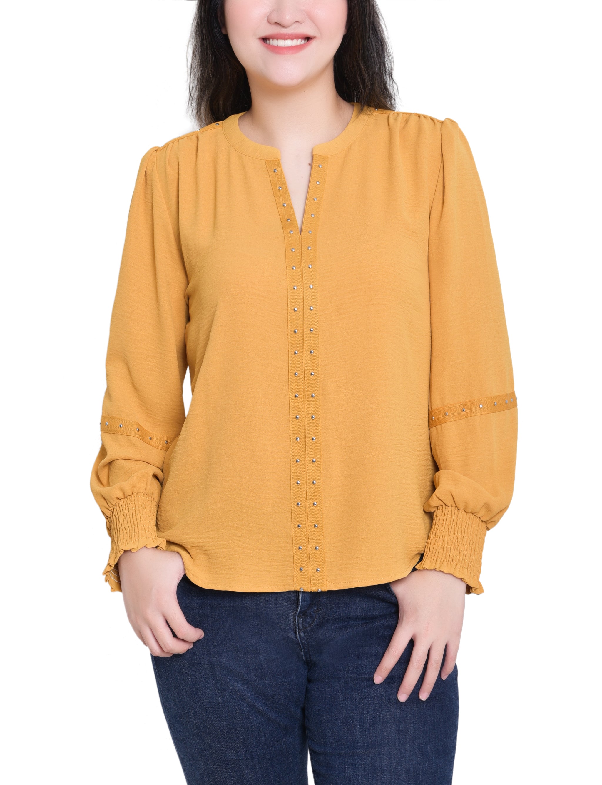 NY Collection Petite Long Sleeve Studded Blouse