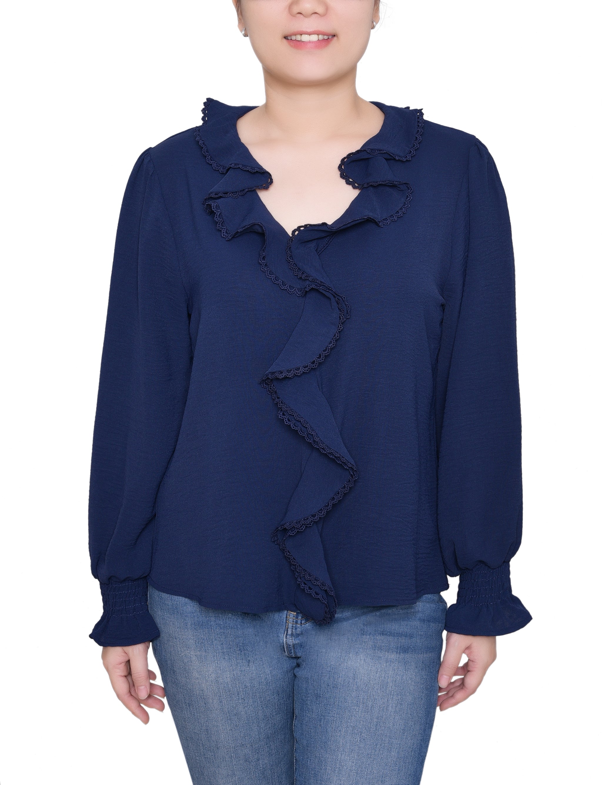 NY Collection Petite Short Sleeve Ruffle Front Blouse