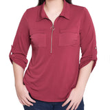NY Collection Petite 3/4 Roll Tab Zip Front Top - Burgandy