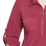 NY Collection Petite 3/4 Roll Tab Zip Front Top - Burgandy