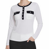 NY Collection Petite Long Sleeve Contrast Detail Top
