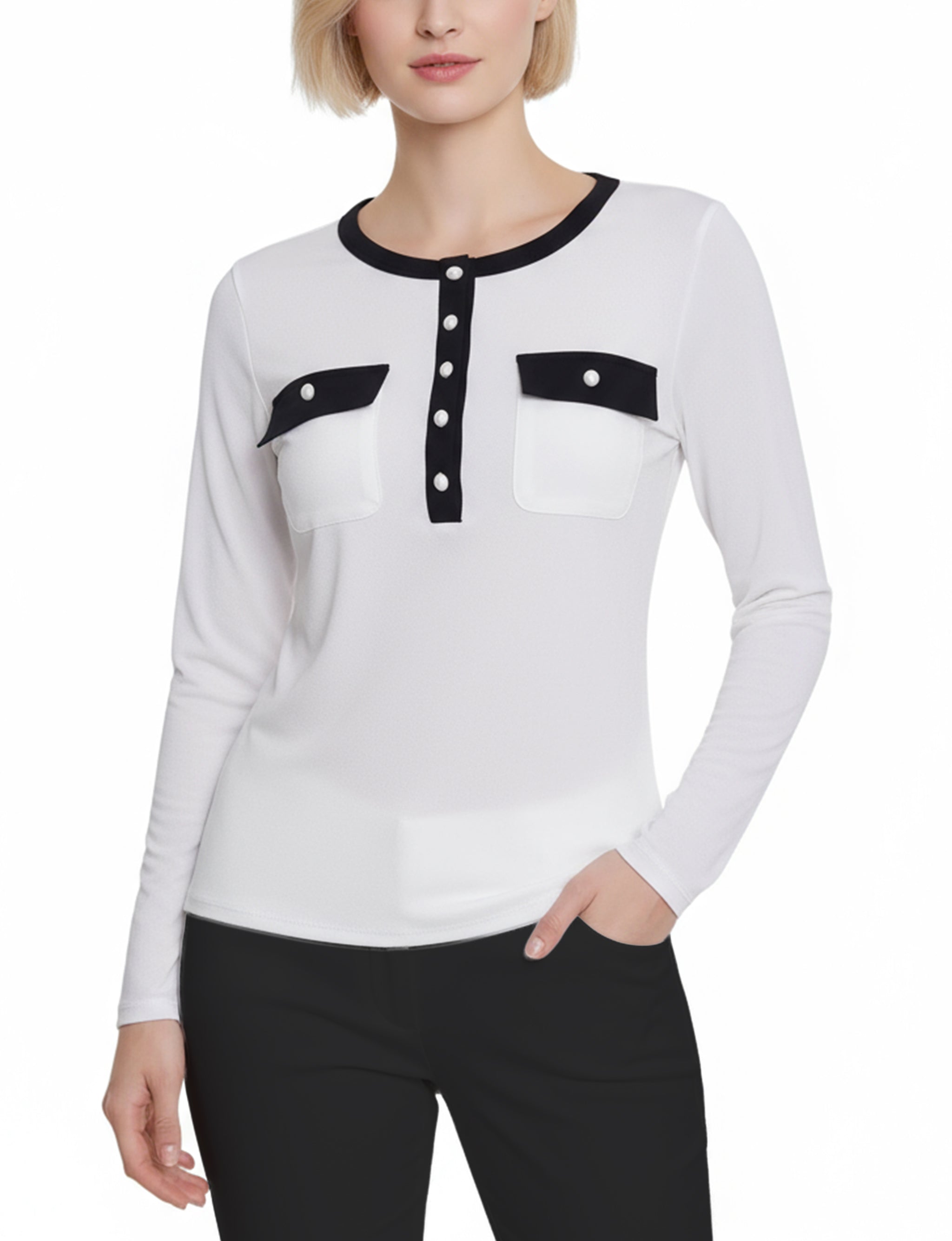 NY Collection Petite Long Sleeve Contrast Detail Top