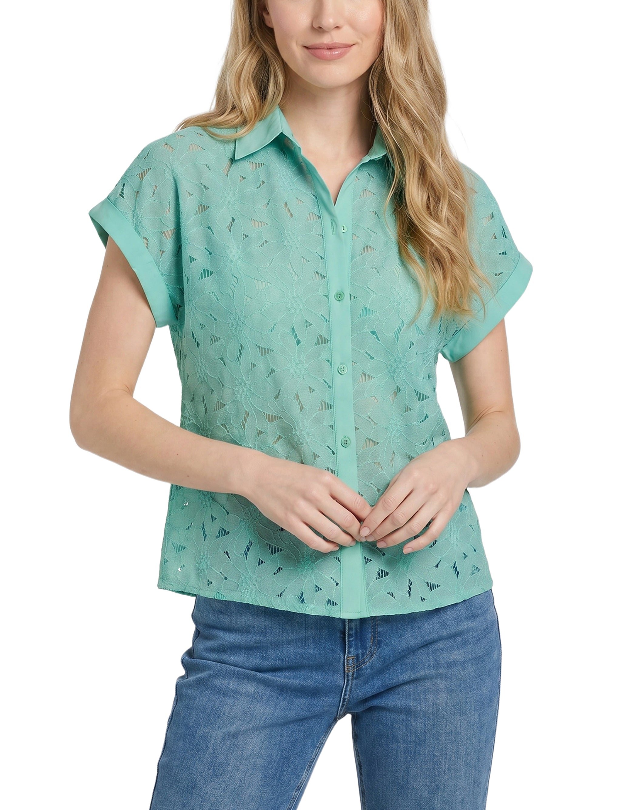 Short Sleeve Eyelet Blouse, Petite