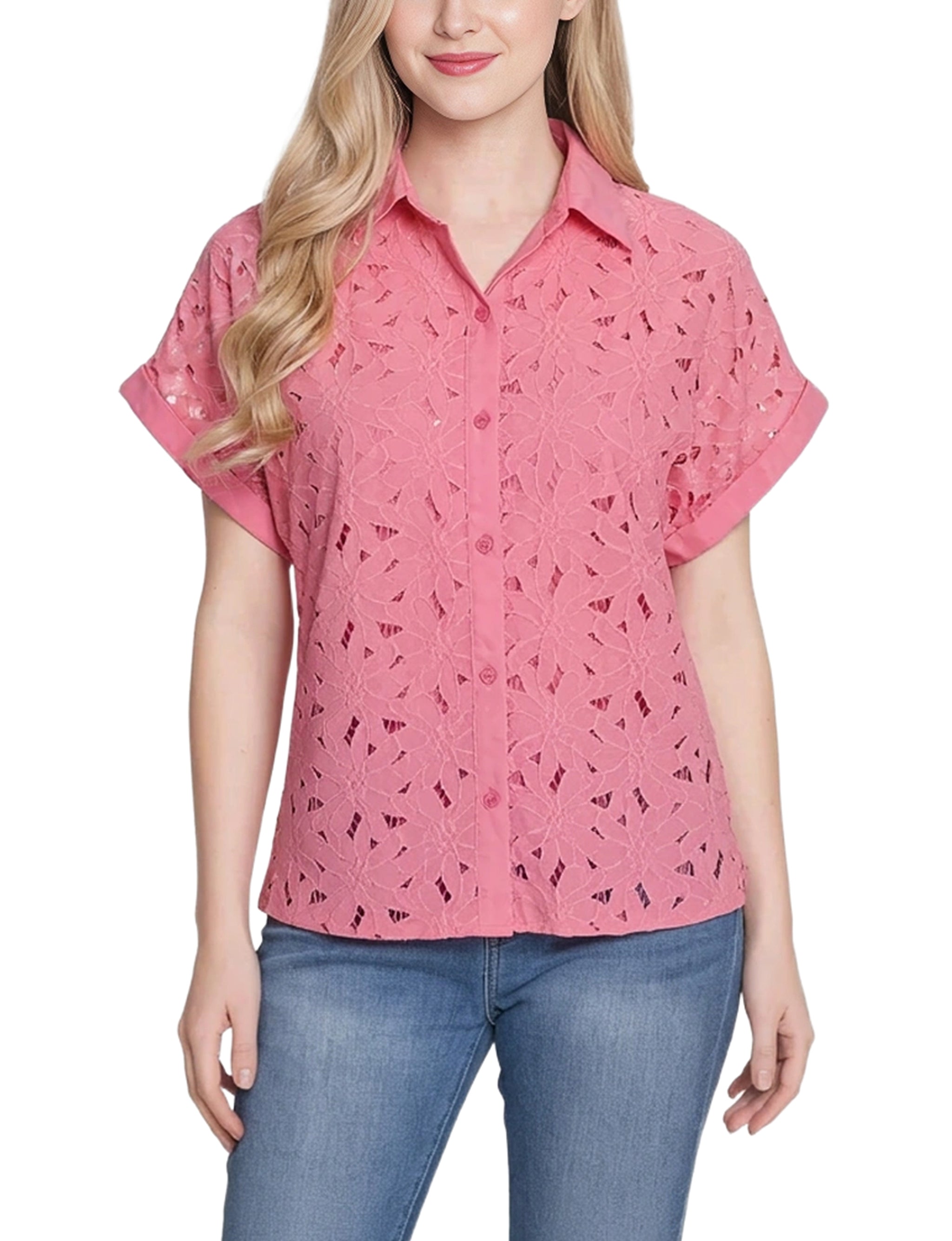 Short Sleeve Eyelet Blouse, Petite