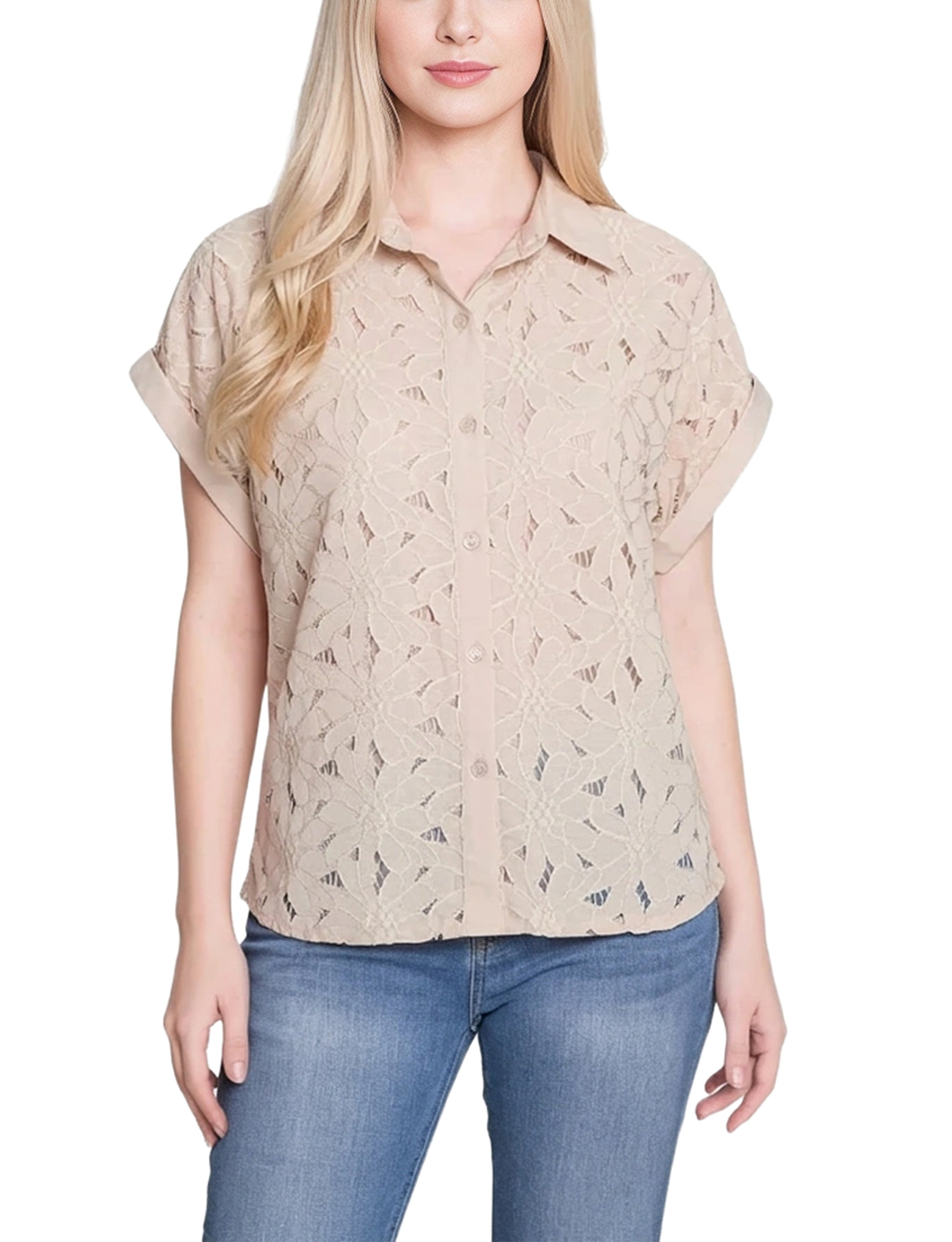 Short Sleeve Eyelet Blouse, Petite