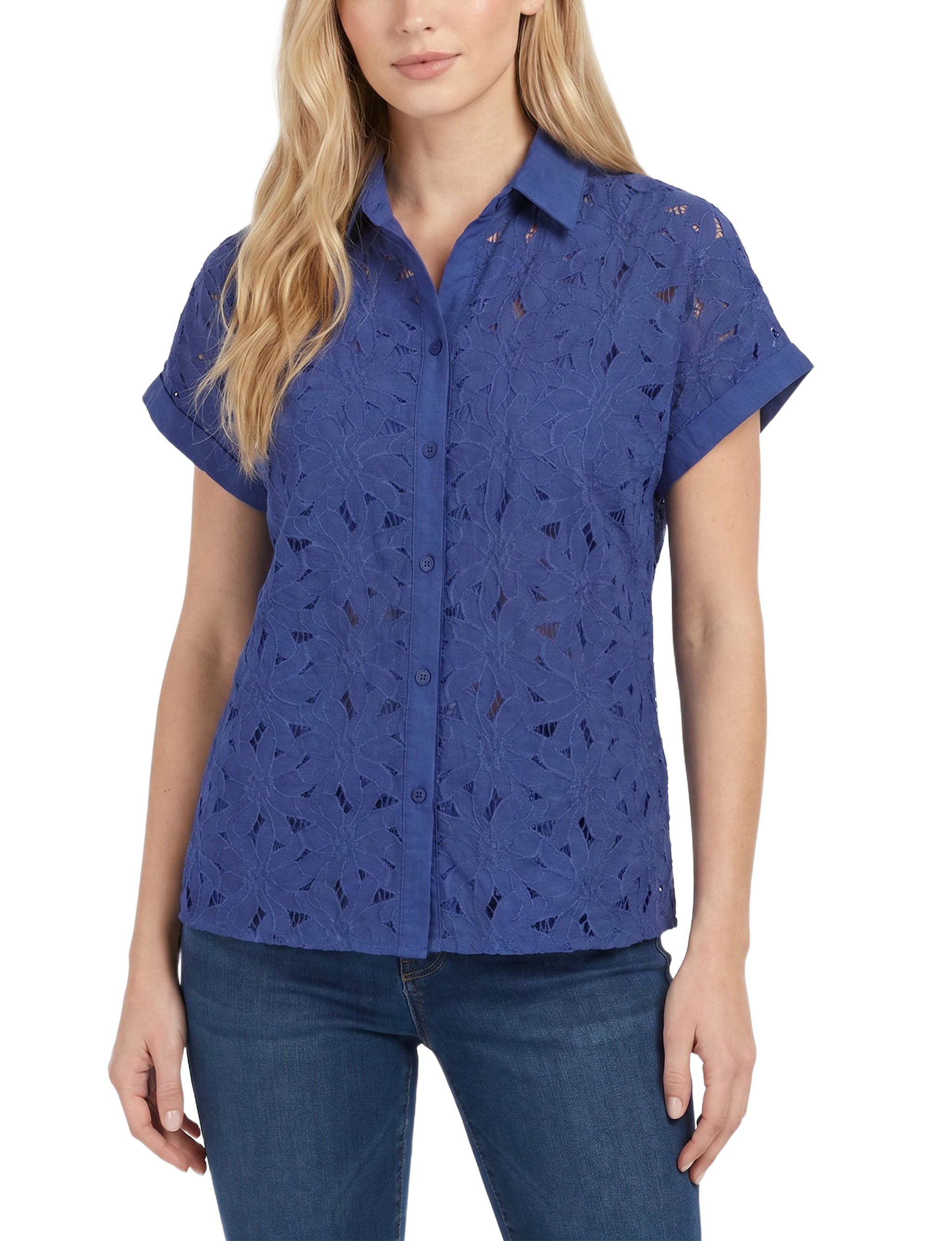 Short Sleeve Eyelet Blouse, Petite