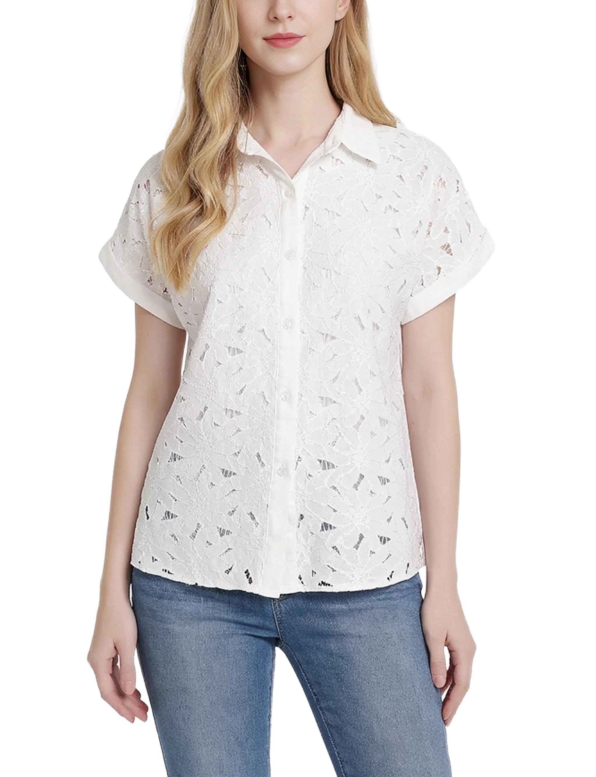 Short Sleeve Eyelet Blouse, Petite