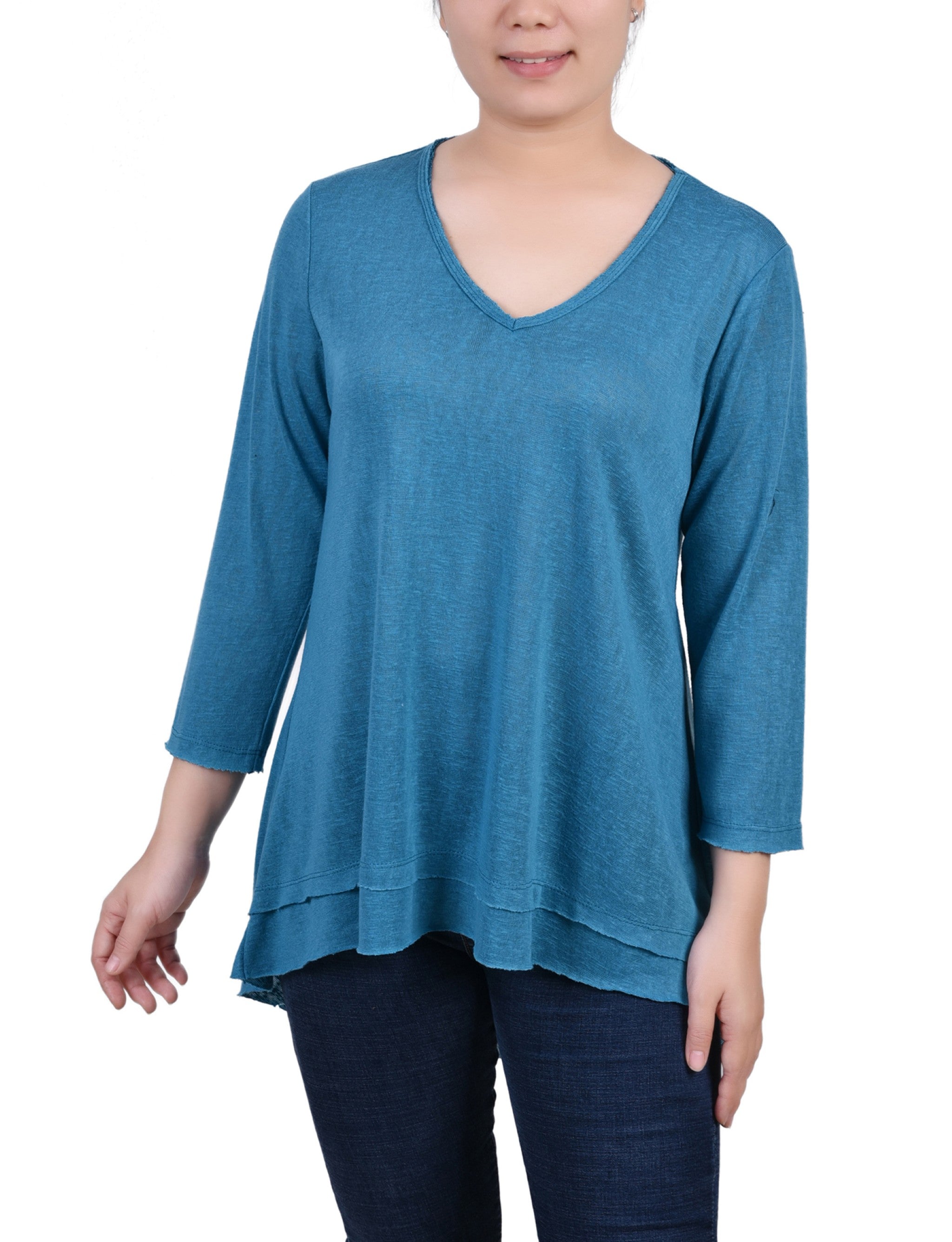 3/4 Sleeve V-Neck Pullover Top, Petite