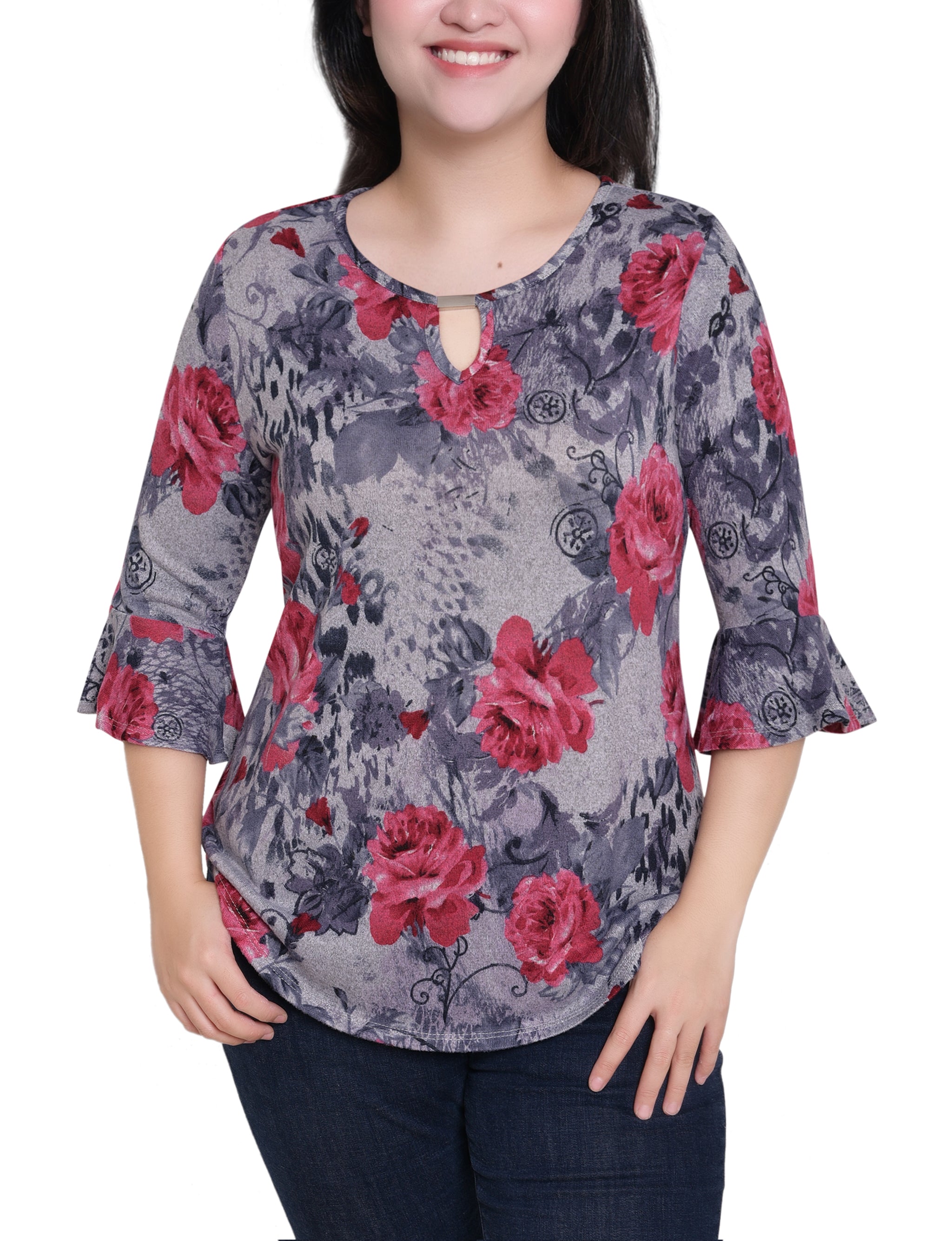 NY Collection Petite 3/4 Bell Sleeve Top With Hardware