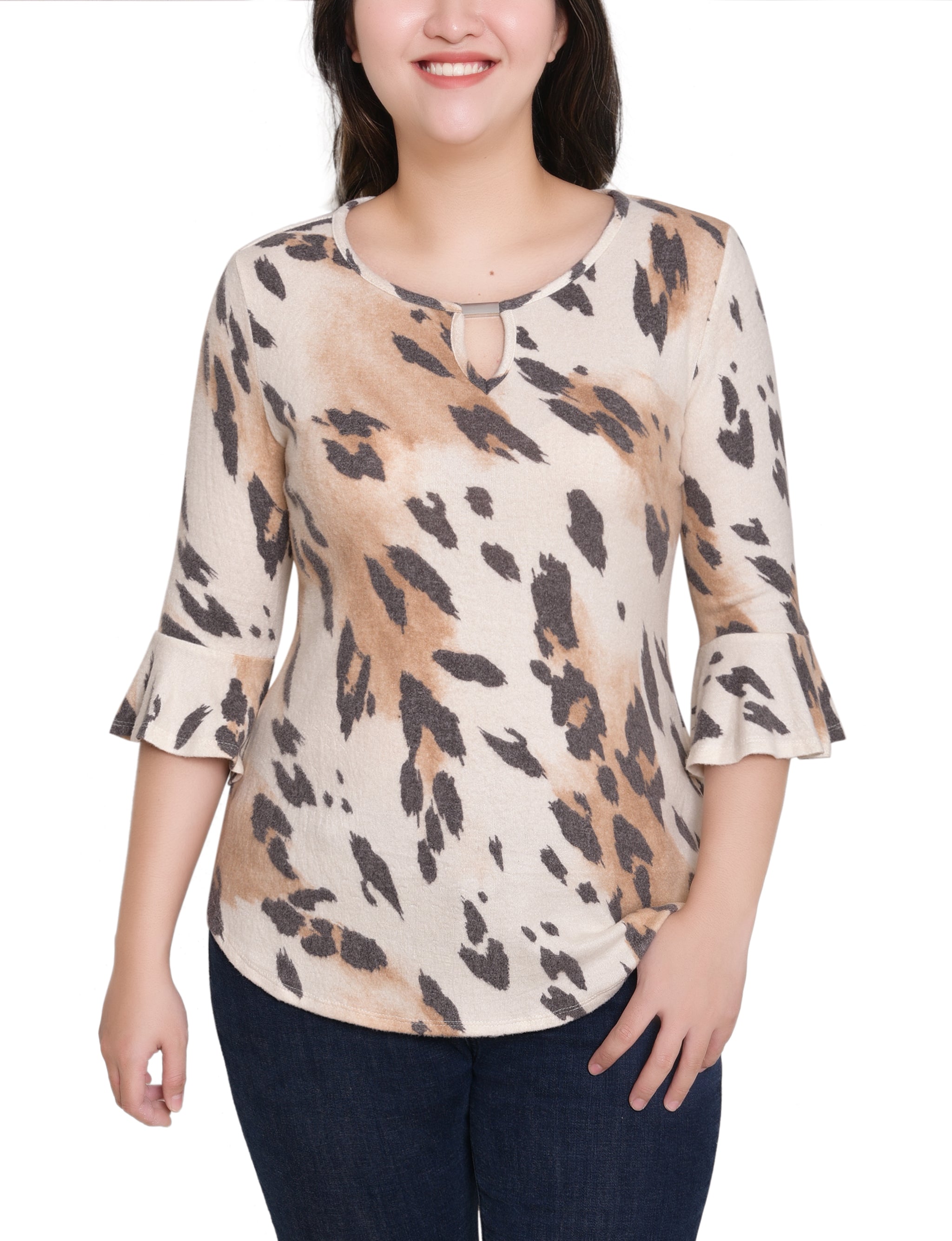 NY Collection Petite 3/4 Bell Sleeve Top With Hardware