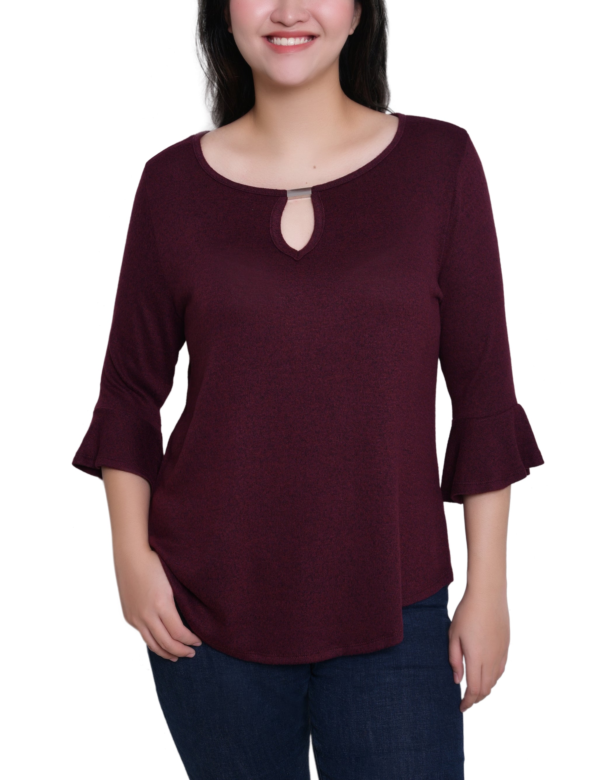 NY Collection Petite 3/4 Bell Sleeve Top With Hardware