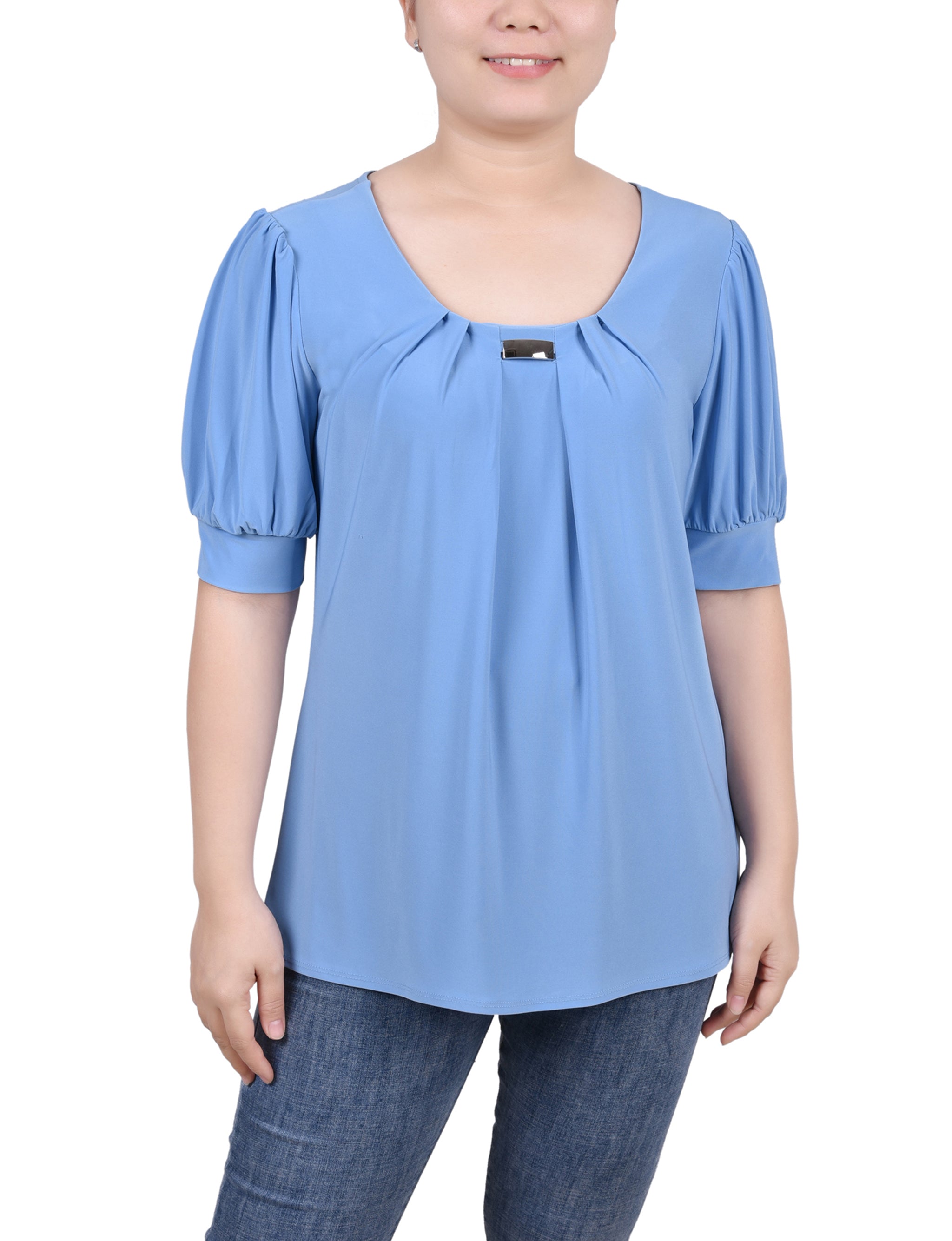 Short Sleeve Balloon Sleeve Top With Hardware - Petite - DressbarnShirts & Blouses