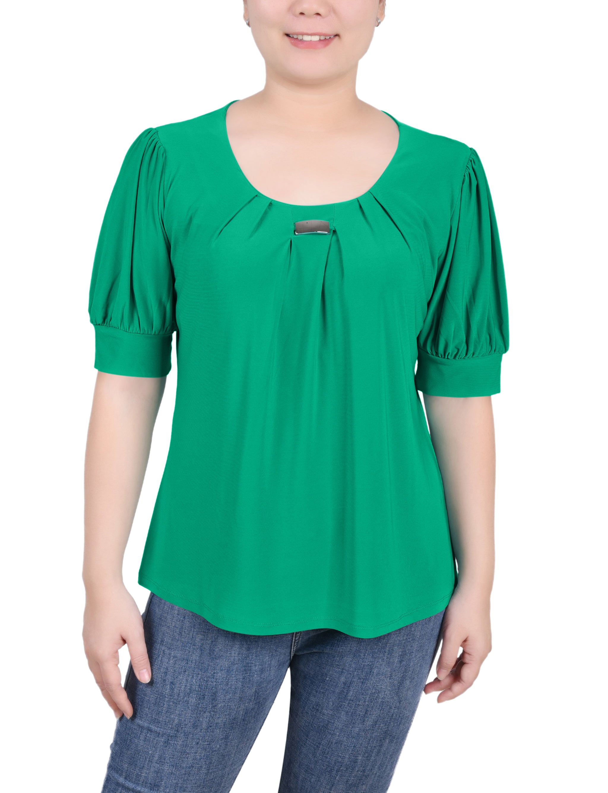 Short Sleeve Balloon Sleeve Top With Hardware - Petite - DressbarnShirts & Blouses