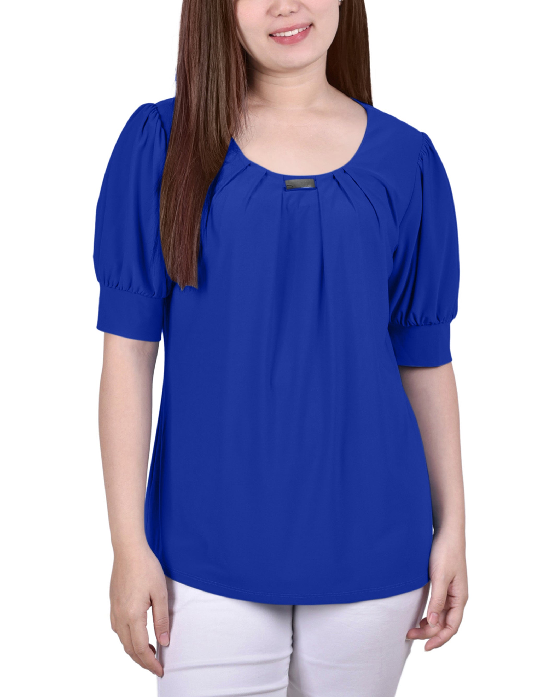 Short Sleeve Balloon Sleeve Top With Hardware - Petite - DressbarnShirts & Blouses