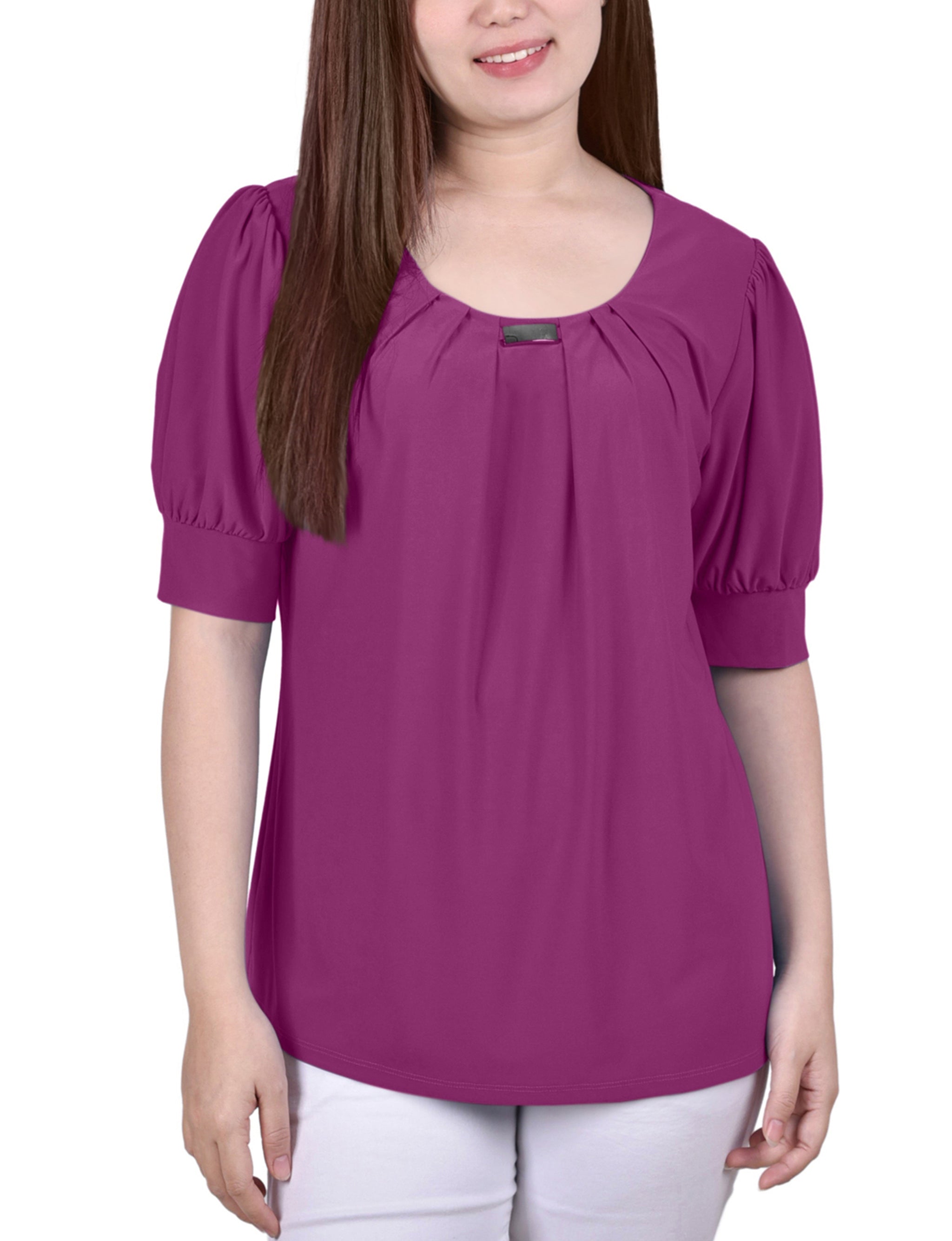 Short Sleeve Balloon Sleeve Top With Hardware - Petite - DressbarnShirts & Blouses