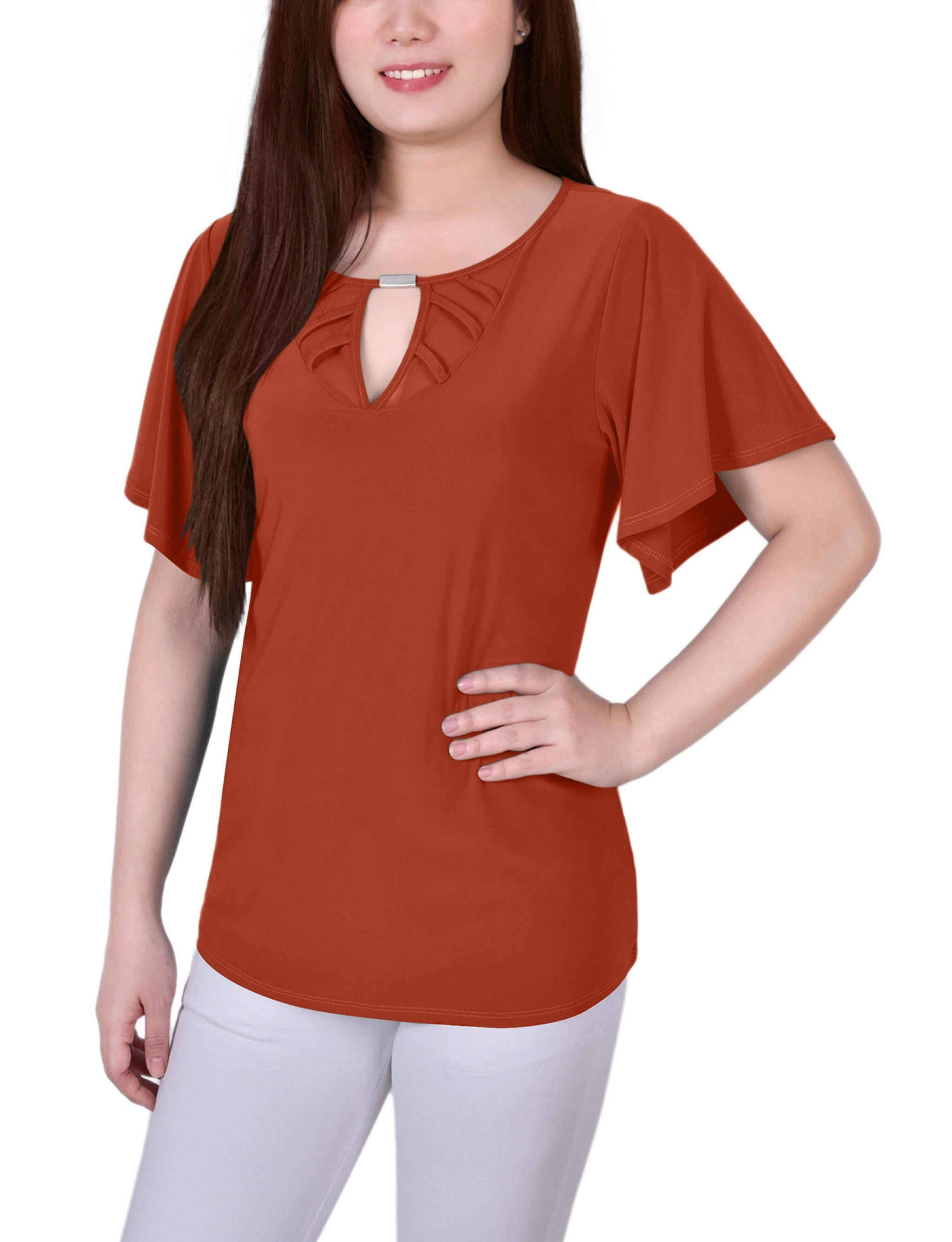 Mesh Flutter Sleeve Knit Top, Petite