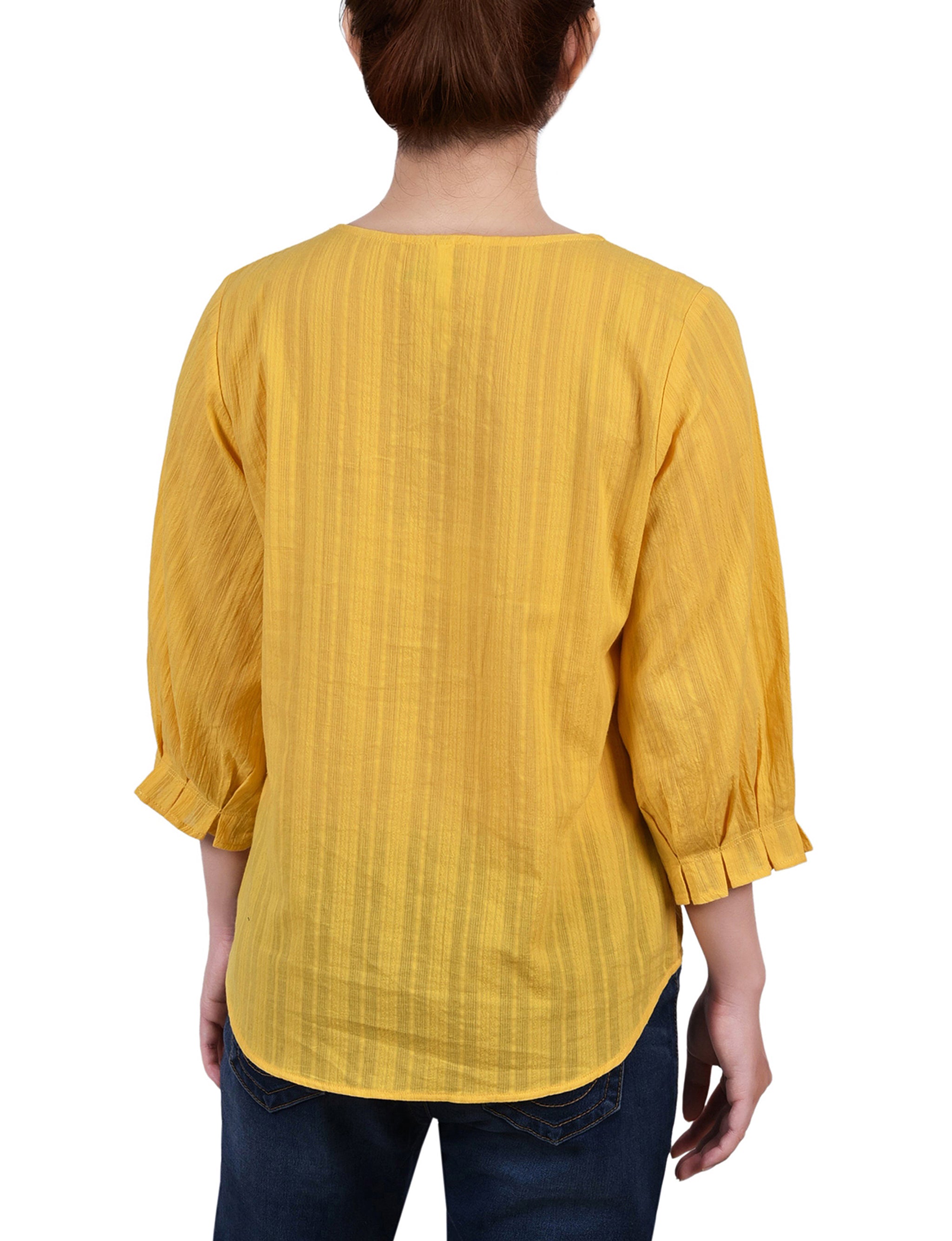 Yellow 3/4 Sleeve Button Placket Jacquard Blouse - Petite