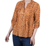 3/4 Sleeve Roll Tab Y-Neck Pullover Top, Petite