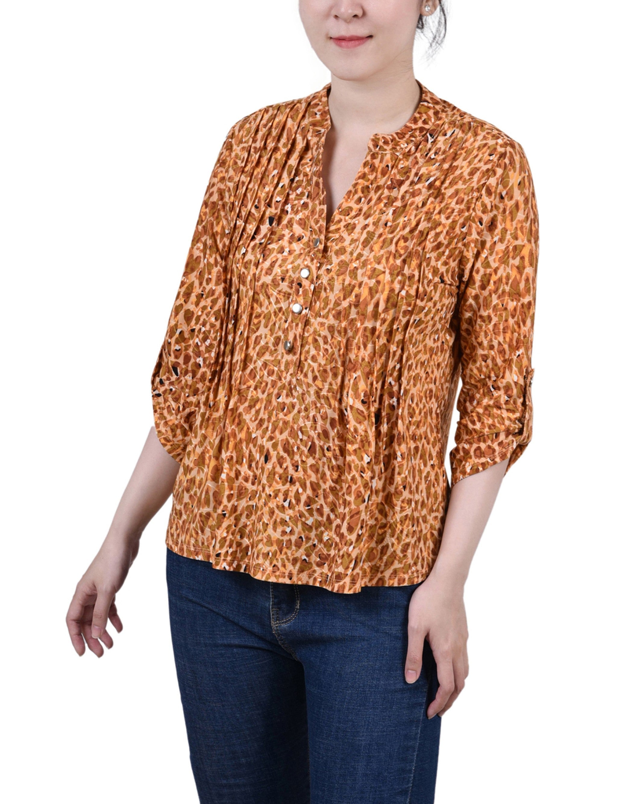 3/4 Sleeve Roll Tab Y-Neck Pullover Top, Petite