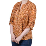 3/4 Sleeve Roll Tab Y-Neck Pullover Top, Petite