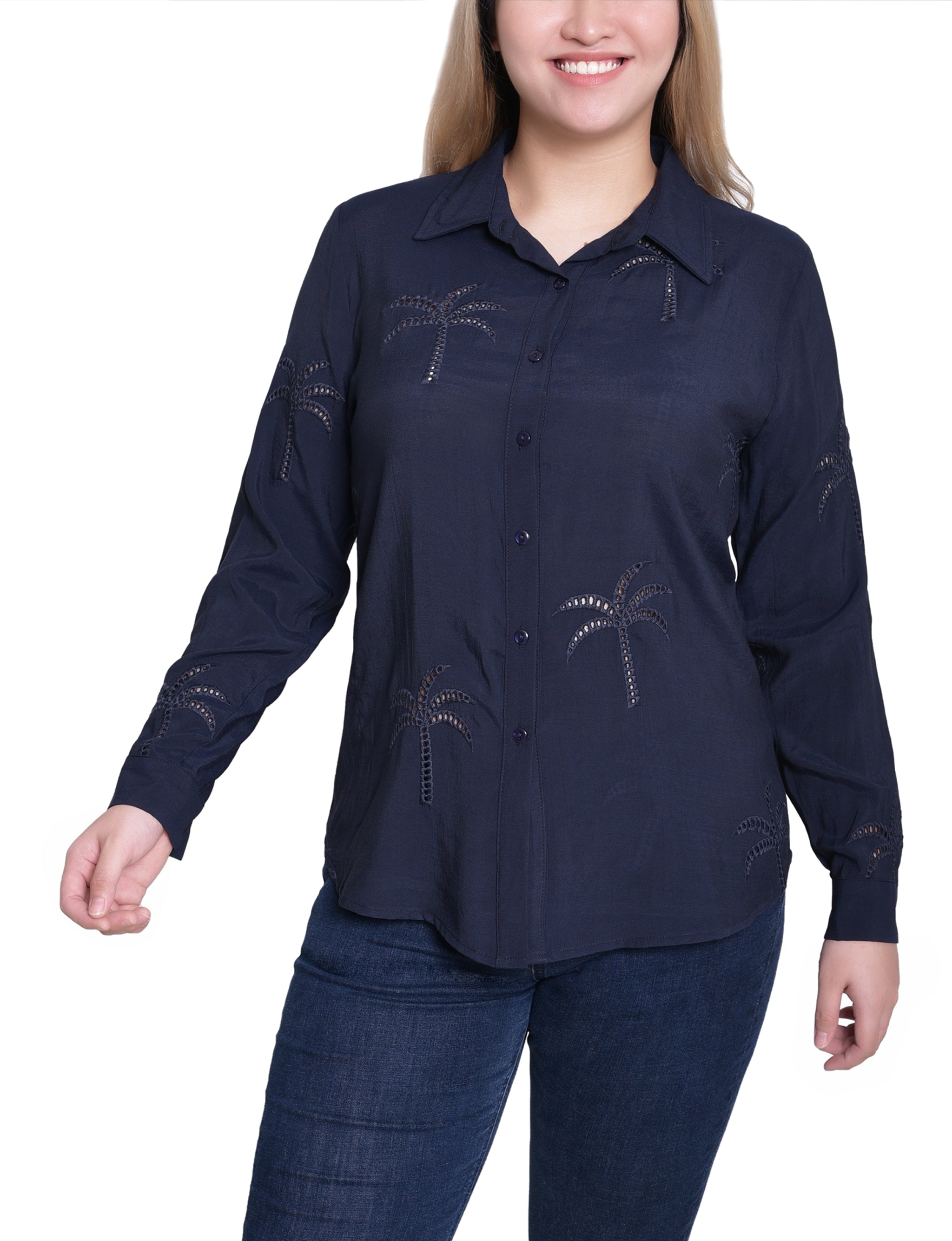 Long Sleeve Palm Tree Blouse, Petite