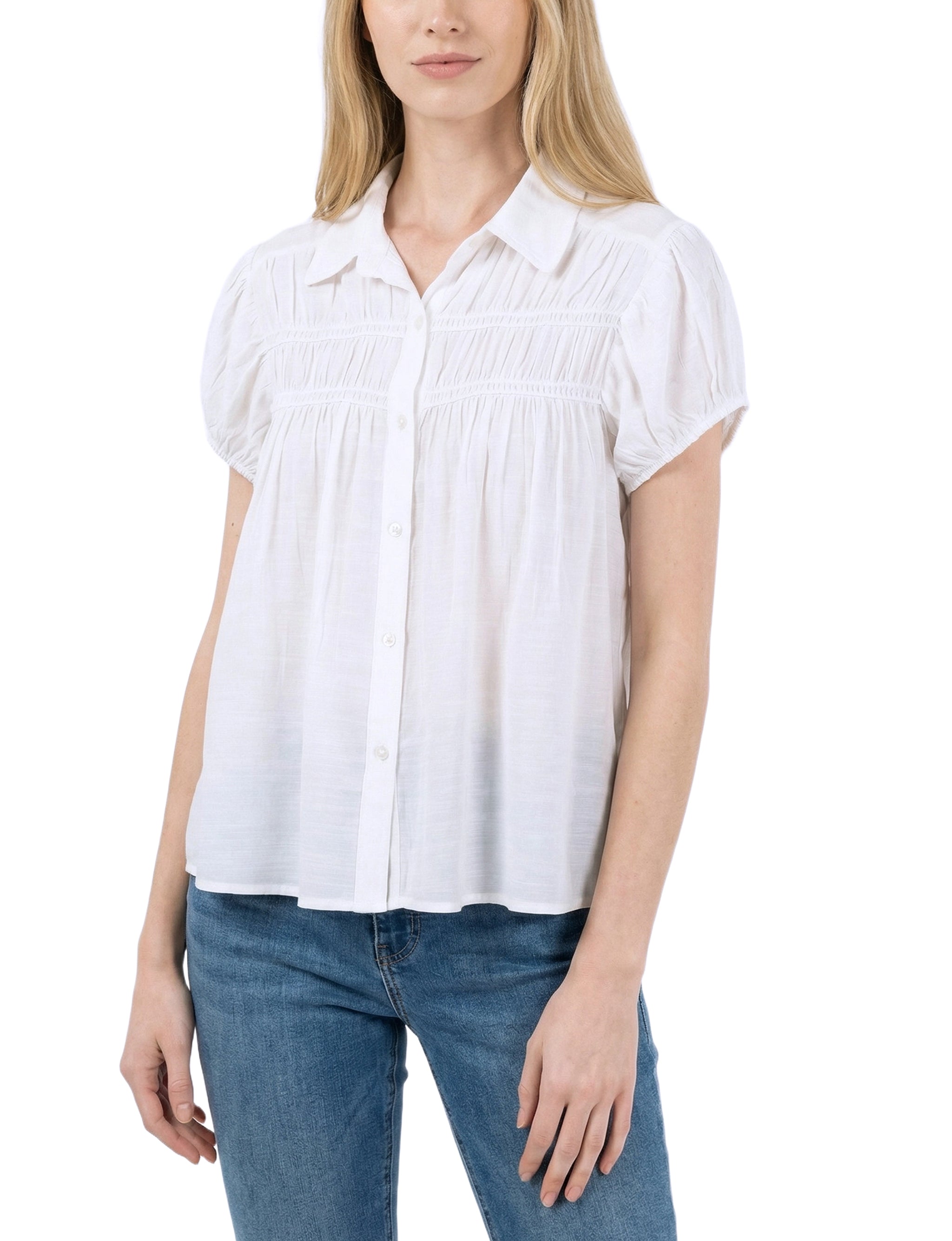 NY Collection Petite Cap Slv Rouched Yoke Blouse