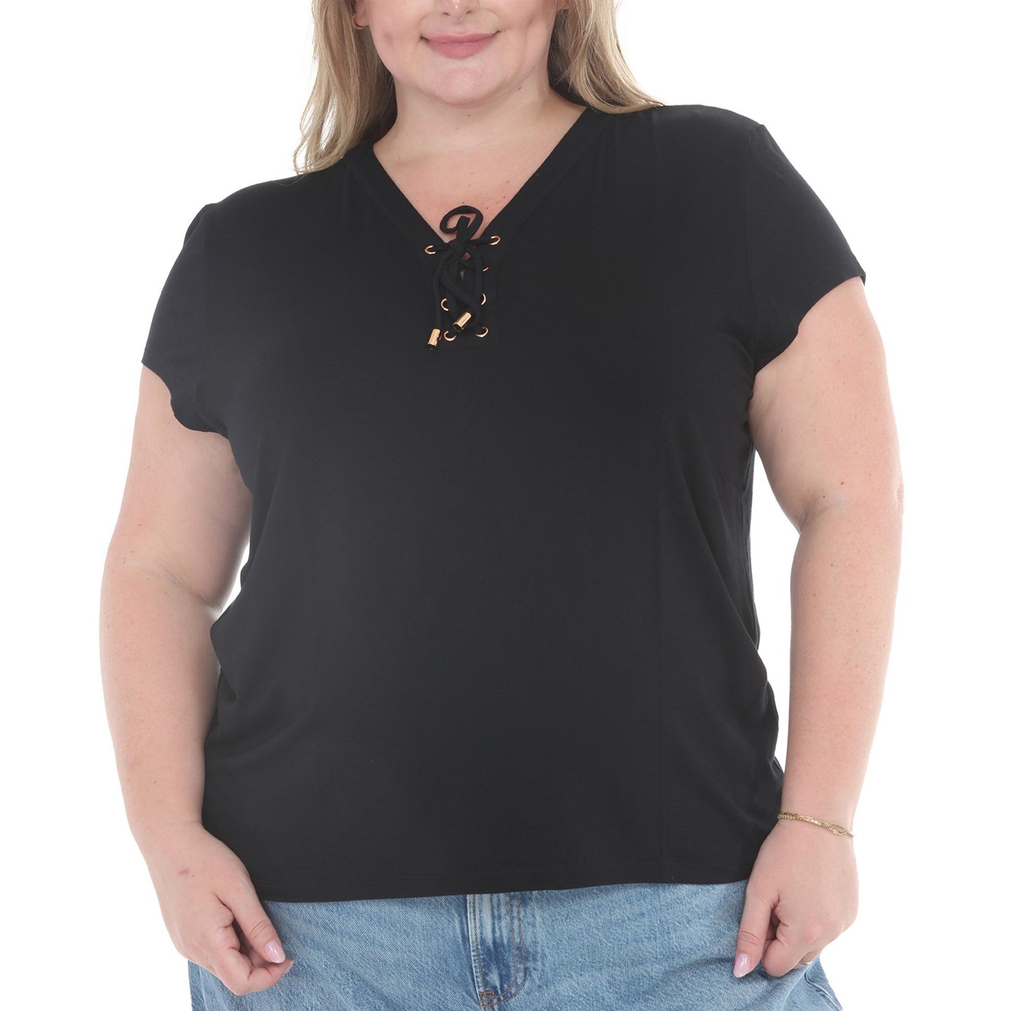 Plus Size V-Neck Front Tie Pullover Top