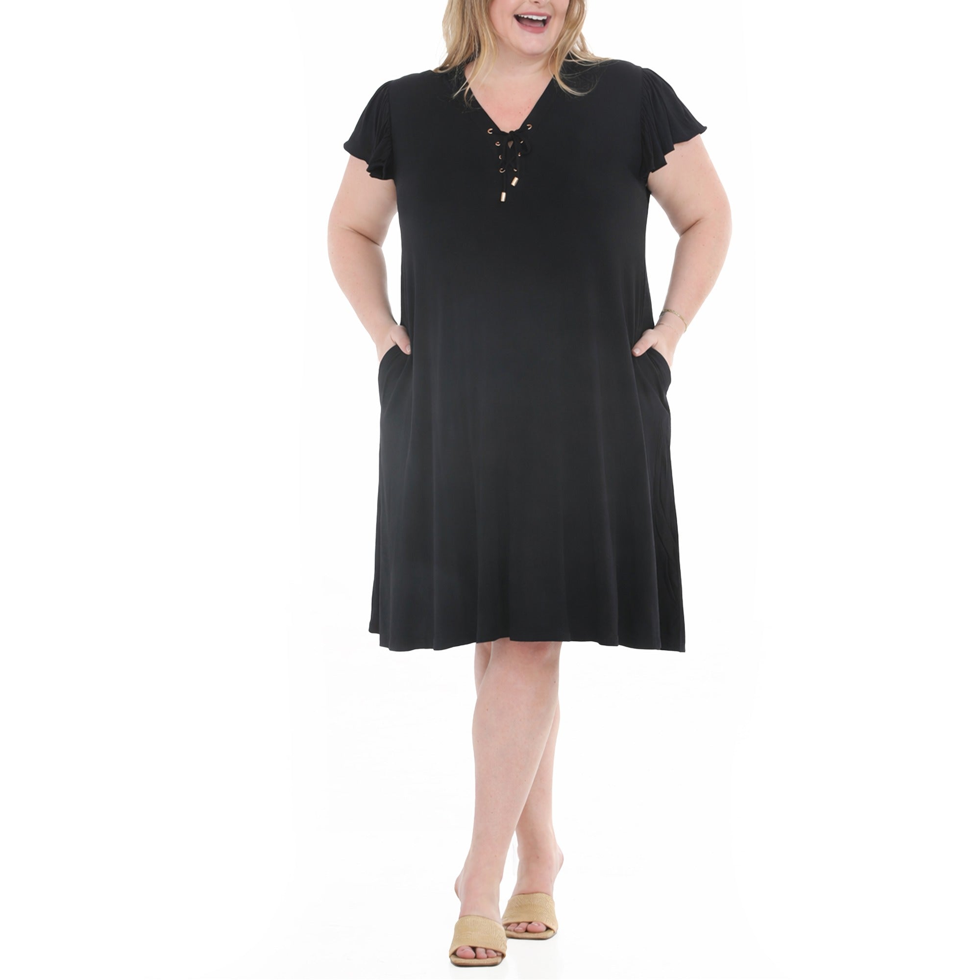 Plus Size V-Neck Tie Front Flutter Sleeve Shift Dres