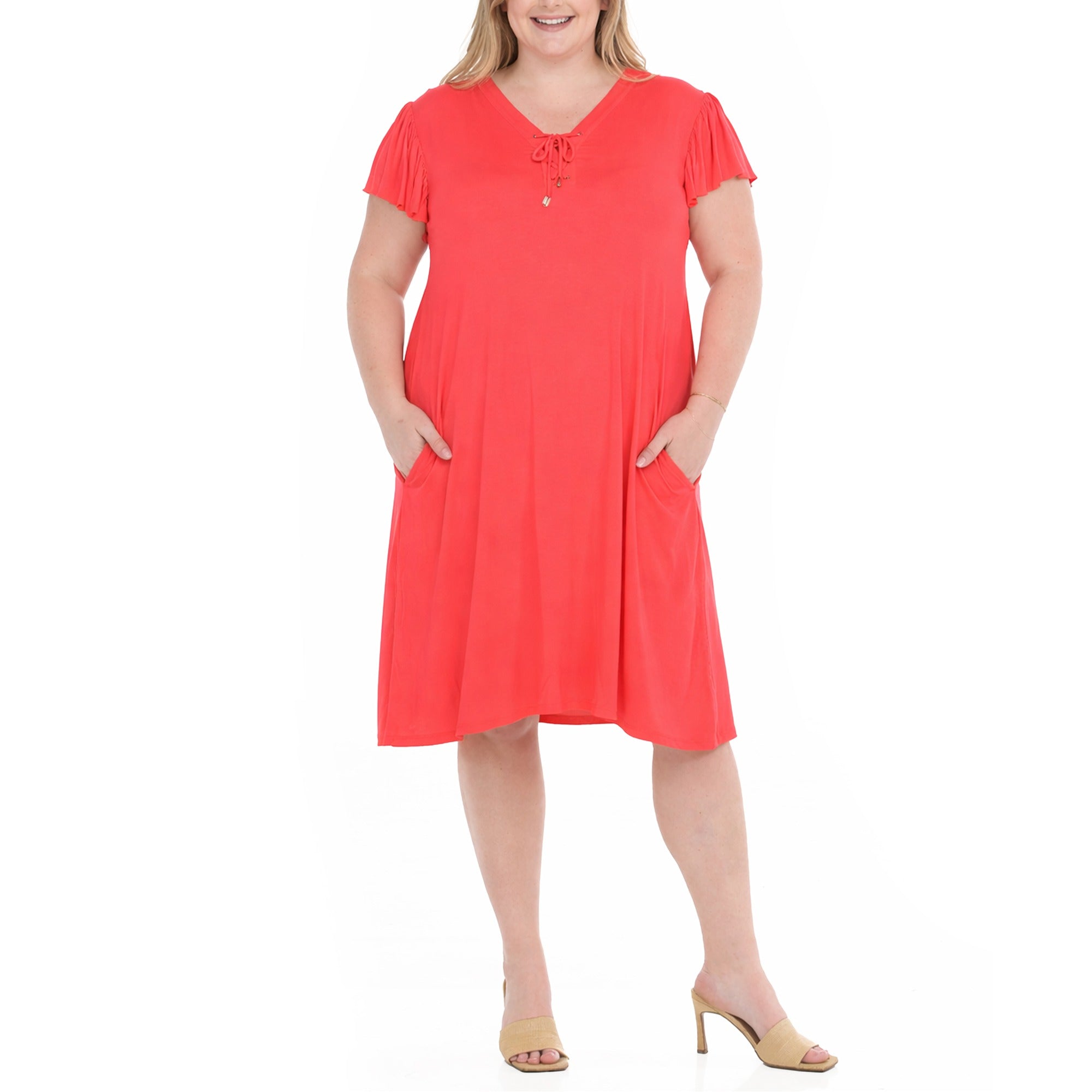 Plus Size V-Neck Tie Front Flutter Sleeve Shift Dres