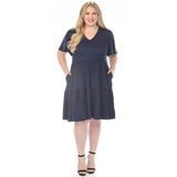 Women's  V-Neck Short Sleeve Dress - Navy - Plus