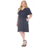 Women's  V-Neck Short Sleeve Dress - Navy - Plus