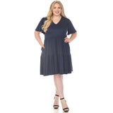 Women's  V-Neck Short Sleeve Dress - Navy - Plus