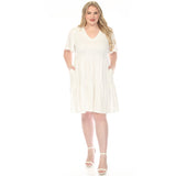 Women's  V-Neck Short Sleeve Dress - Off White - Plus