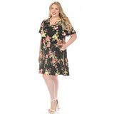 Women's  V-Neck Tropical Flower Short Sleeve Dress - Black - Plus