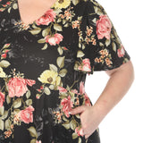 Women's  V-Neck Tropical Flower Short Sleeve Dress - Black - Plus