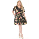 Women's  V-Neck Tropical Flower Short Sleeve Dress - Black - Plus
