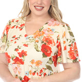 Women's  V-Neck Tropical Flower Short Sleeve Dress - Ivory - Plus