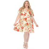 Women's  V-Neck Tropical Flower Short Sleeve Dress - Ivory - Plus