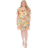 Women's  V-Neck Vintage Floral Short Sleeve Dress - Yellow - Plus